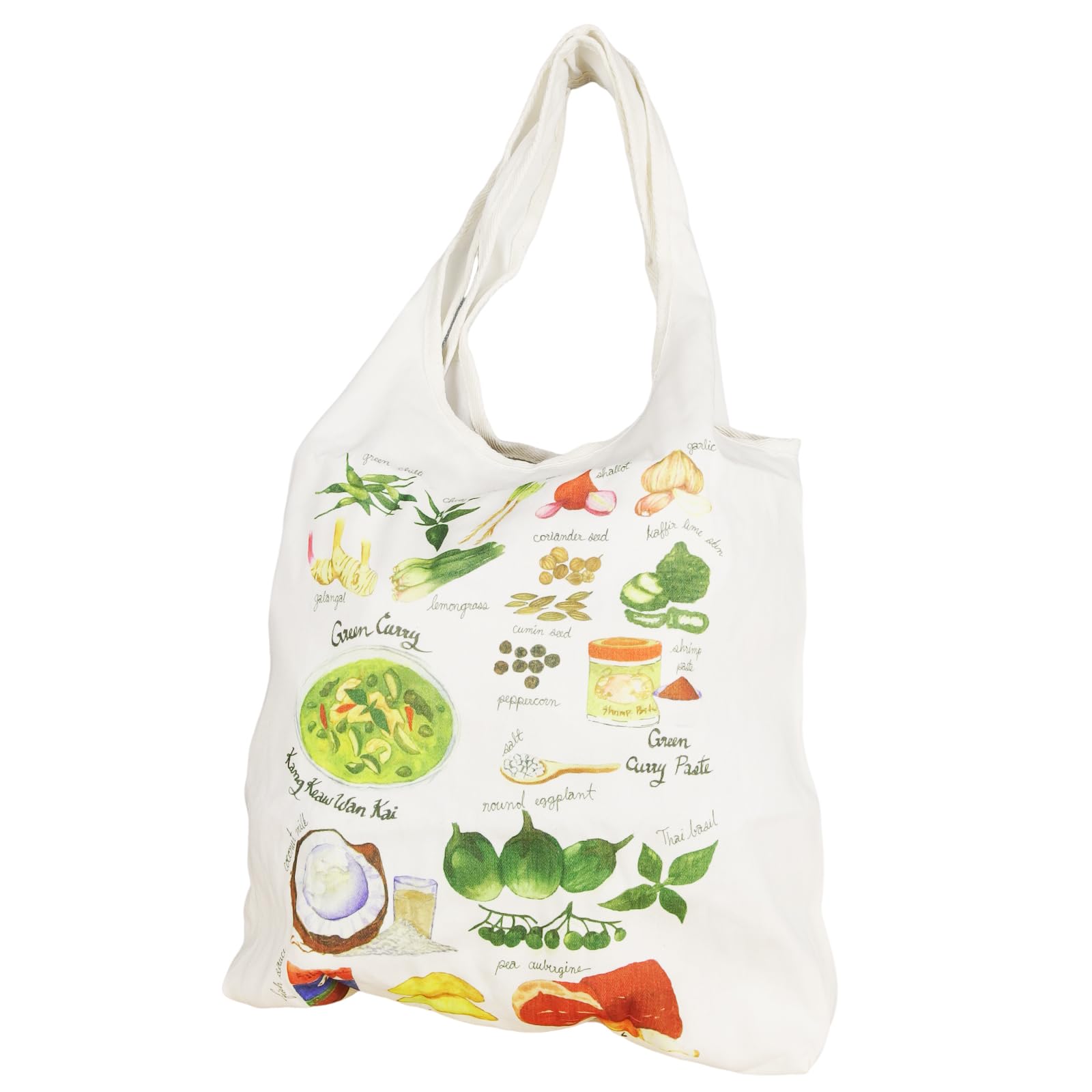 

EVERSOUL Tote Bag, Shopping Bag, Eco Bag, Mother s Bag, Thai Food, Cute, Camping, Large Capacity, Foldable, White (Design B) [Product Code]