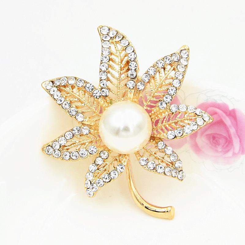 Exquisite Rhinestone Pearl Leaf Brooch for Women - Elegant Accessory for Shirts and Dresses