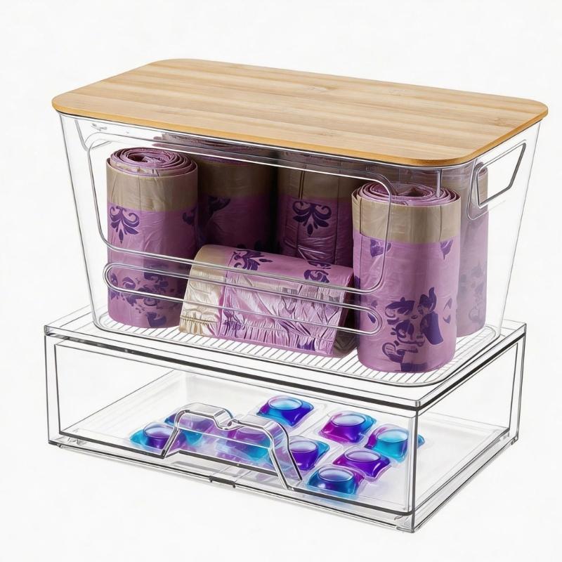Plastic Storage Box For Washing Capsules And Waste Sacks Featuring Visible Panel And Sectioned Layout Design B03E