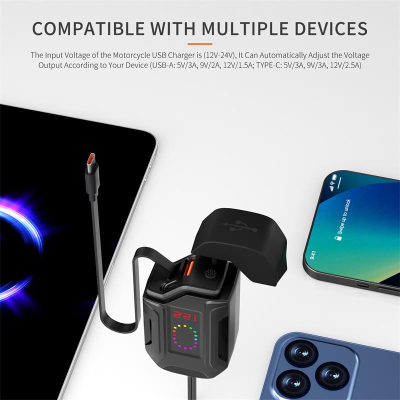 Digital 78W Pd30W+Qc3.0 Motorcycle Usb Charger With Retractable Cable Quick Phone Charger With Voltmeter & Independent Switch