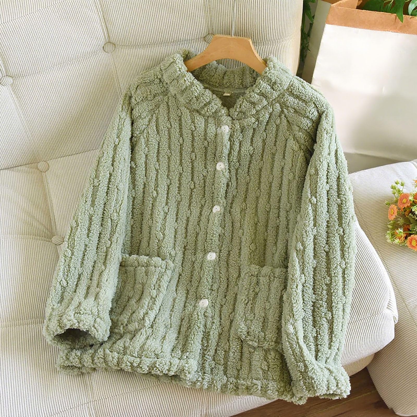 

Thick Plush House Coats For Women Winter Warm Button Down Fleece Pajama Tops Soft Fuzzy Shirts With Pockets XL зелений