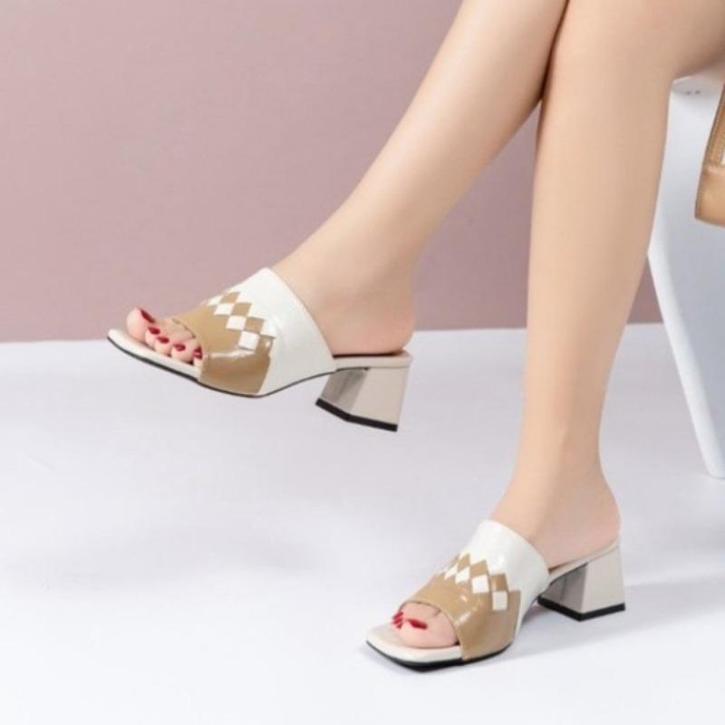 Summer Cool Drag Women Wear Color Block Square Toe Open Toe Non-slip Wear-resistant Block Heel Slip Slippers