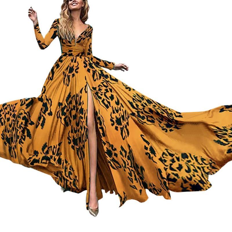 Damen Herbstkleid Sexy Tiefem V-Ausschnitt Langarm Langes Kleid Abendkleid