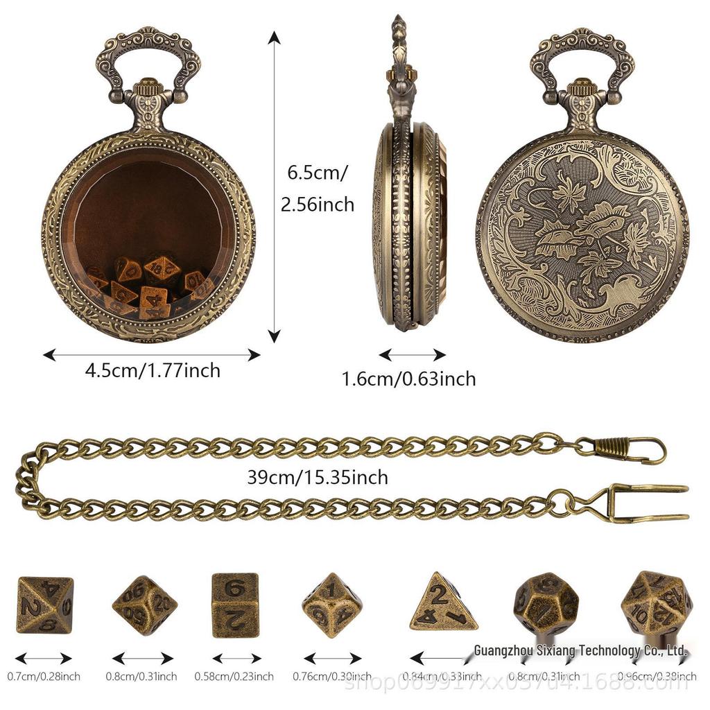 Glass Pendant Pocket Watch with DND Dice Board Game Set