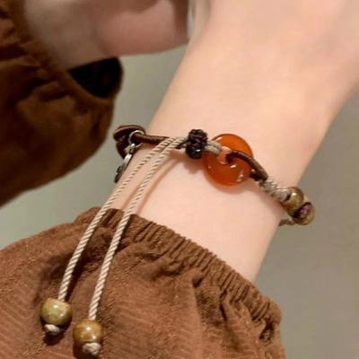 Dámský náramek v čínském stylu, retro etnický styl, ručně vyrobený pletený hladký korálkový přívěsek, nastavitelný dámský náramek míru