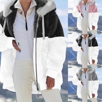 Women's Warm Plush Long Sleeve Hoodie Fashion Stitching Sweater Zipper Autumn Winter