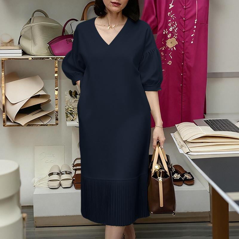 

ZANZEA Женское повседневное платье с V-образным вырезом, однотонное, свободного кроя, с рукавом до локтя 5XL тёмно-синий