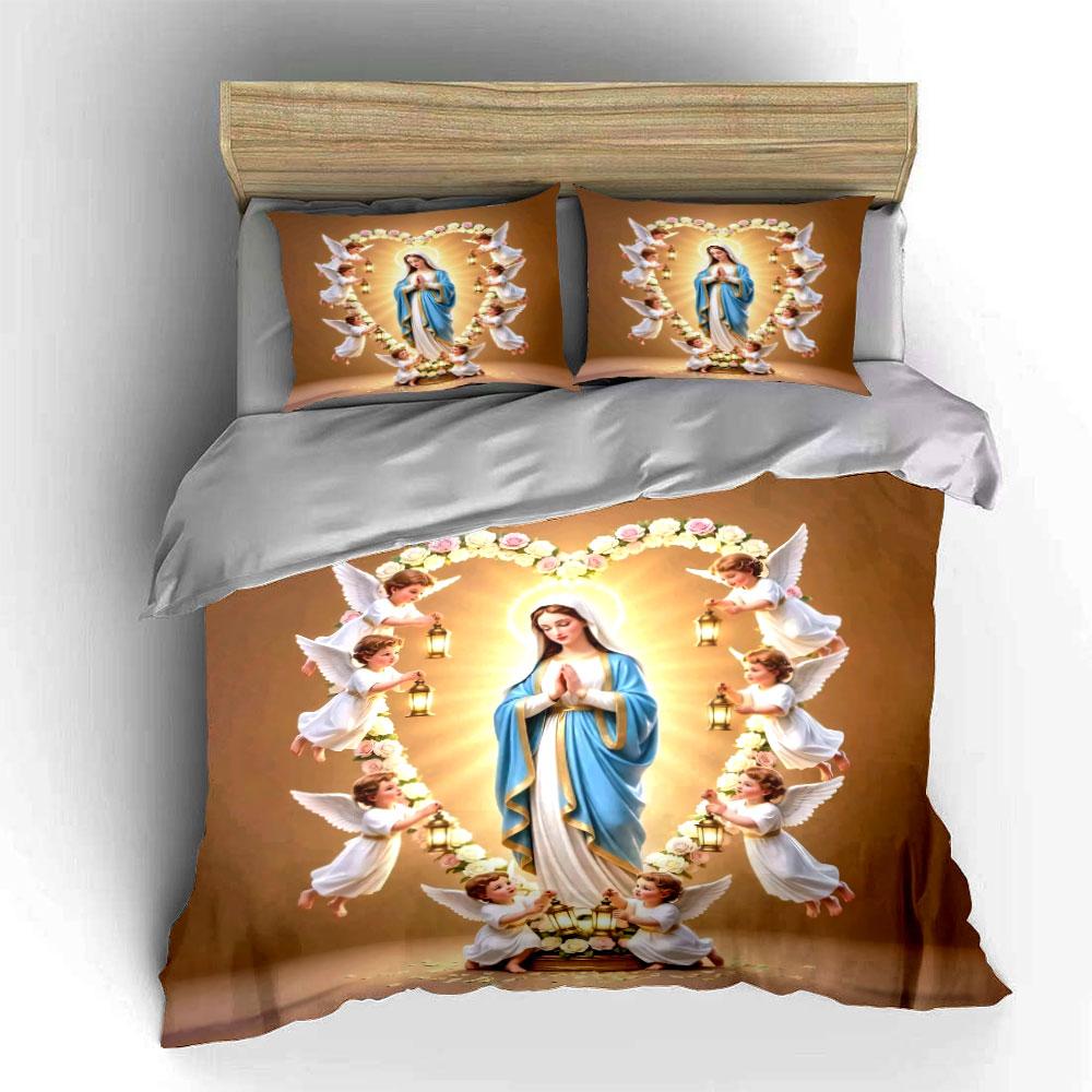 Virgin Mary Angel Wreath Bedding Set Religious Christian Art Print Duvet Cover 2 Pillowcases Single Double King Queen Gift
