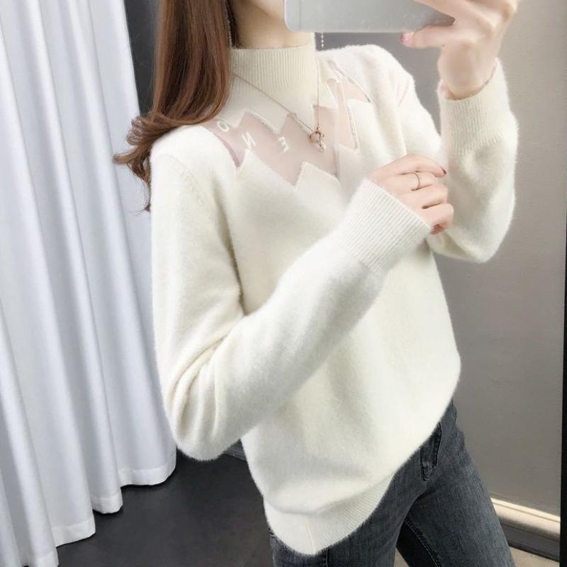 

Водонепроницаемый свитер из меха норки на весну и осень, женский универсальный однотонный сетчатый вязаный свитер с полувысоким воротником S белый
