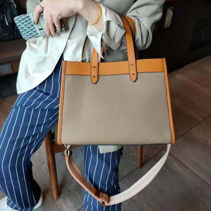 2025 New Style Genuine Leather Women's Bag Coffee Color Handheld Tote Large Capacity Casual Bag Handbag Single Shoulder Crossbody Bag Cross-Border Hot
