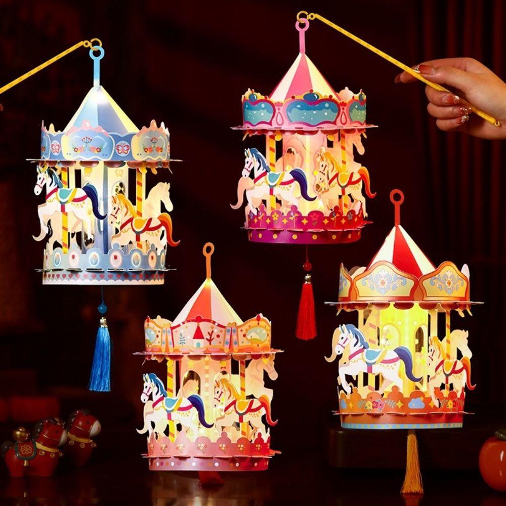 PVC Cartoon Carousel Lantern Handmade Luminous Lanterns Year of the Horse Lantern  New Year