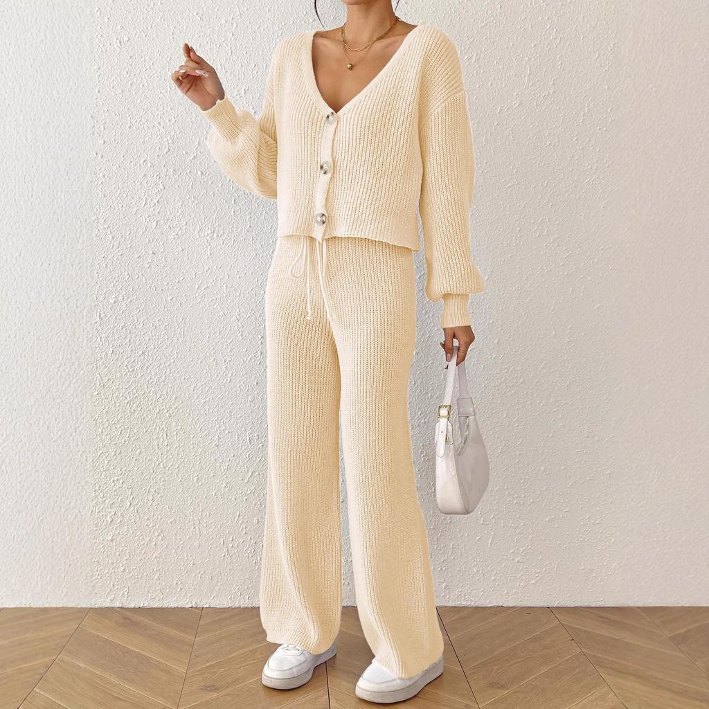 Autumn and Winter Solid-color Elegant Set, Short Top, Loose Cardigan, Straight-leg Pants, Wide-leg Drawstring Two-piece Set for Women