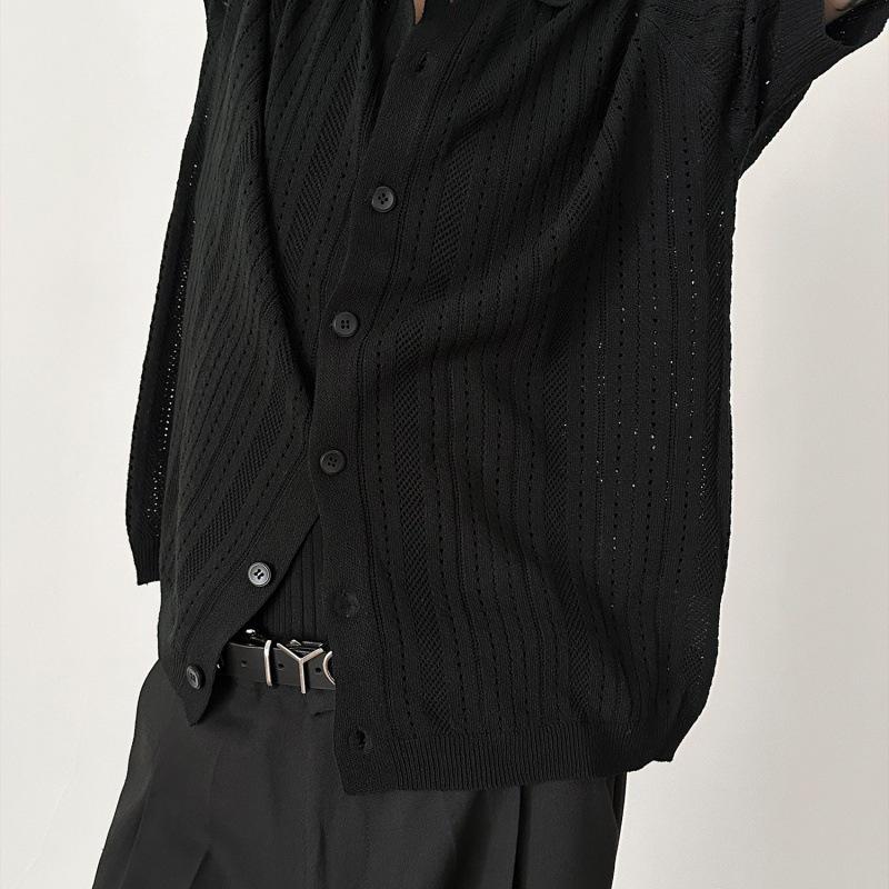 

Unisex Retro Knitwear: Turn-Down Collar, Hollowed Design, Short Sleeve Long Cardigan with Lazy Lace - Trendy and Loose Fit. Medium чорний