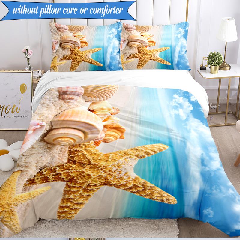 3PCS Ocean Starfish Shells Bedding Set,Including 1pc Duvet Cover And 2pcs Pillowcases Perfect for Bedroom, Dormitory, Fan Christmas gift