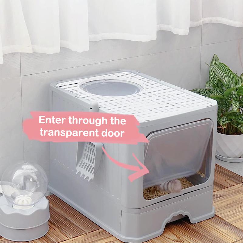 Cat Litter Box Large Enclosed With Lid And Scoop Foldable Design Top Exit Front Entry Odor Control Kitty Toilet Tray