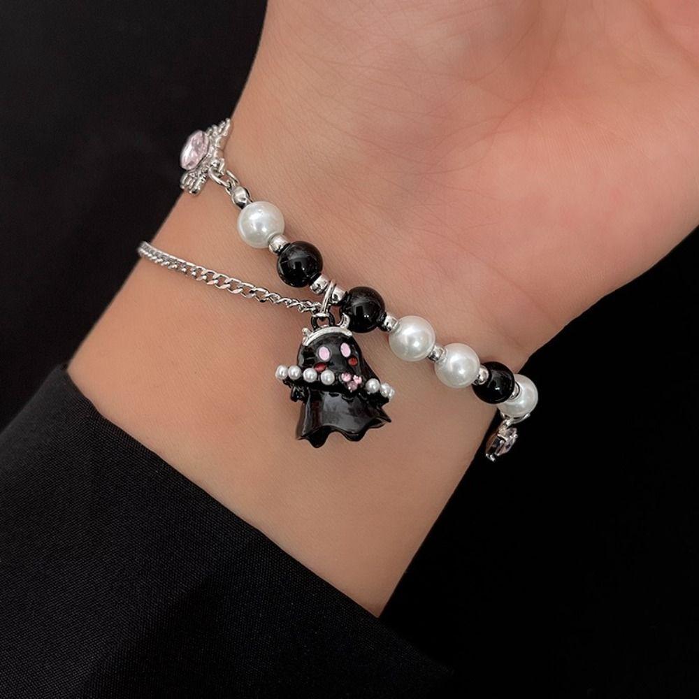 2PCS Pearl Beaded Halloween Couple Bracelets Funny Ghost Pendant Bracelet  Jewelry Gifts