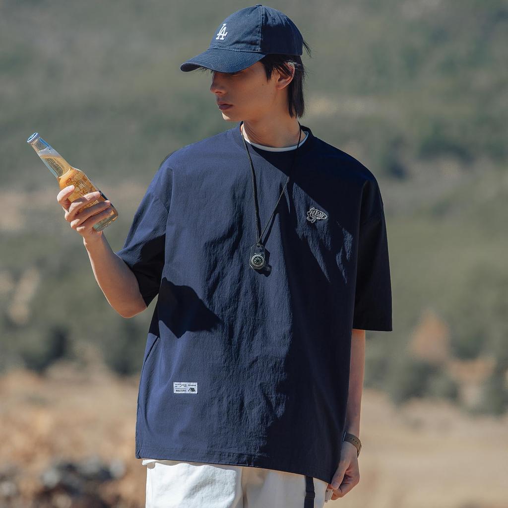 [Easykode] Men's Summer Short-Sleeve T-Shirt, Water-Repellent, Windproof, Stretch, Mountain T-Shirt, Stylish, Embroidered Logo, Fashionable, Cool, Out