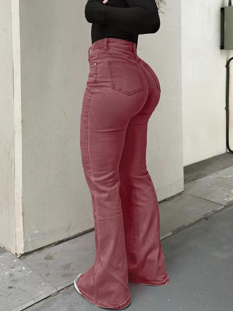 MH1025 Calças de Boca de Sino Femininas de Cintura Alta Elásticas com Bolsos