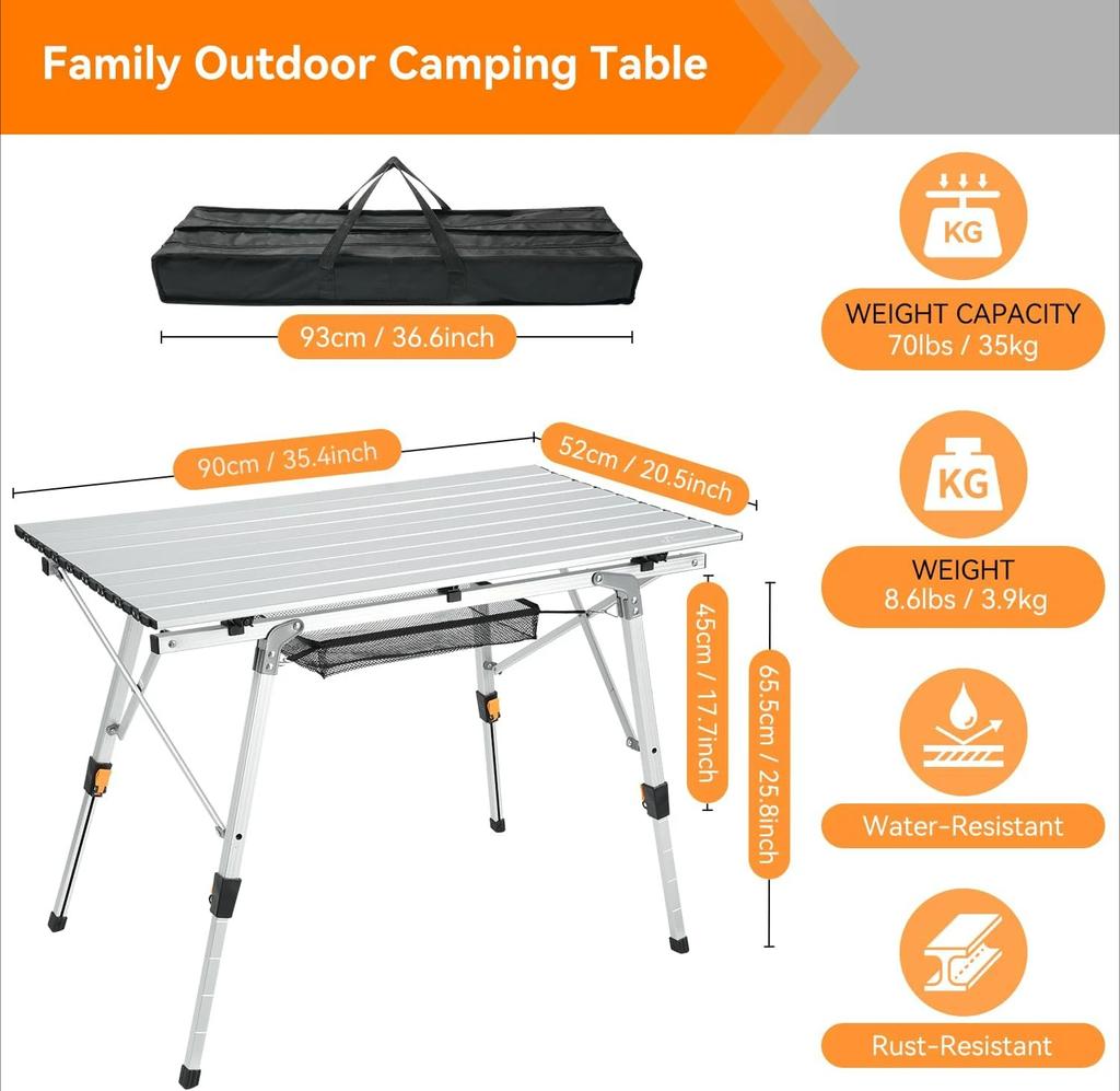 2-in-1 Folding Camping Table with Removable Mesh Layer - Lightweight Adjustable Height Aluminum Table for BBQ, Beach,