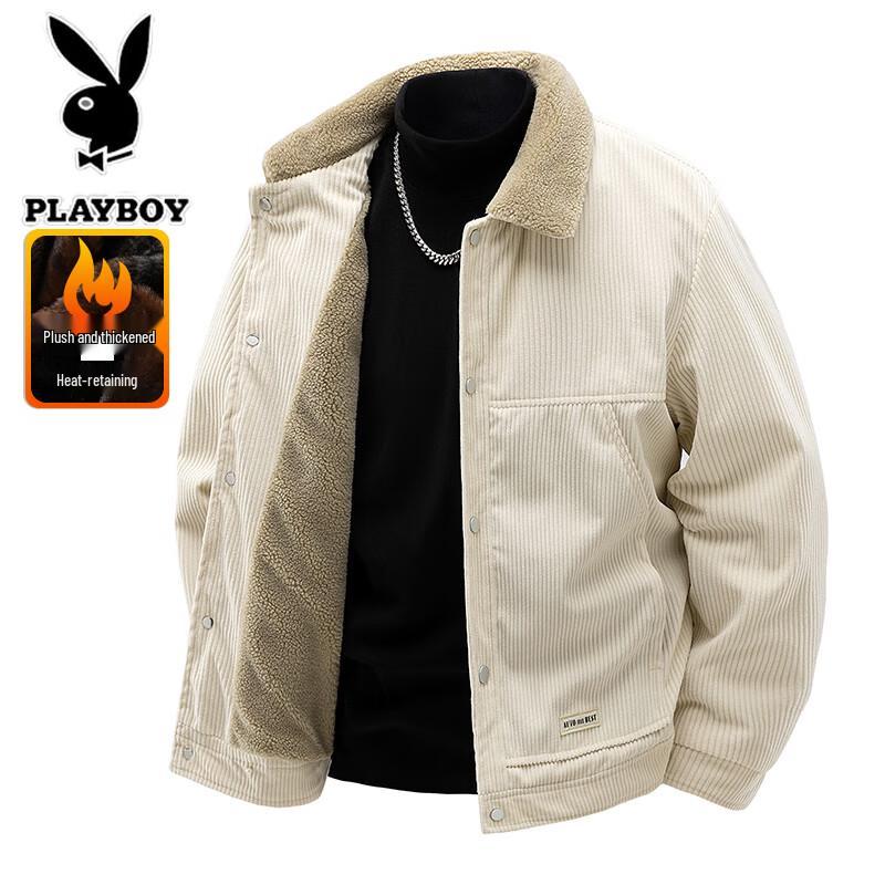 PLAYBOY Men's Autumn/Winter Plus Velvet Thickened Lapel Warm Jacket