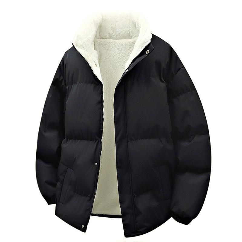 Unisex Winter Cotton Padded Jacket Warm Thick Fleece-Lined Stand Collar Casual Outerwear Teens Adults