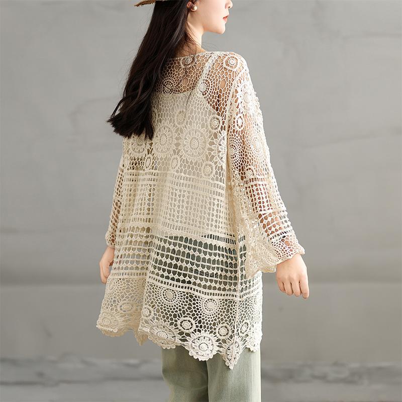 T-Shirt Women Knitting Lace Long Sleeve O-Neck Hollow Summer Style Basic Tops Tees Loose Clothing