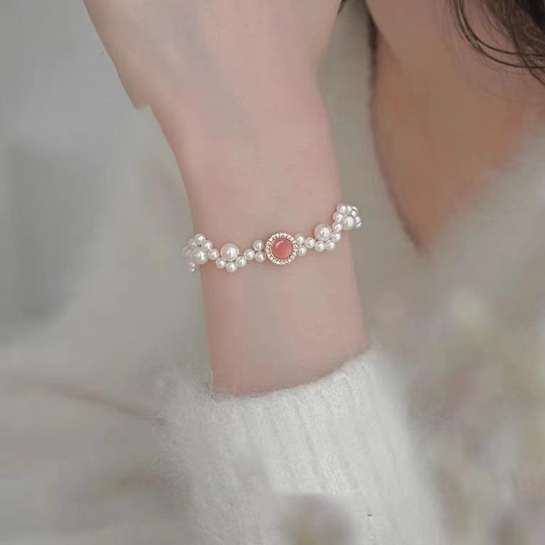 S925 Sterling Silver Bracelet with Pink Chalcedony, Aquamarine, and Pearls - Elegant Women's Beaded Jewelry