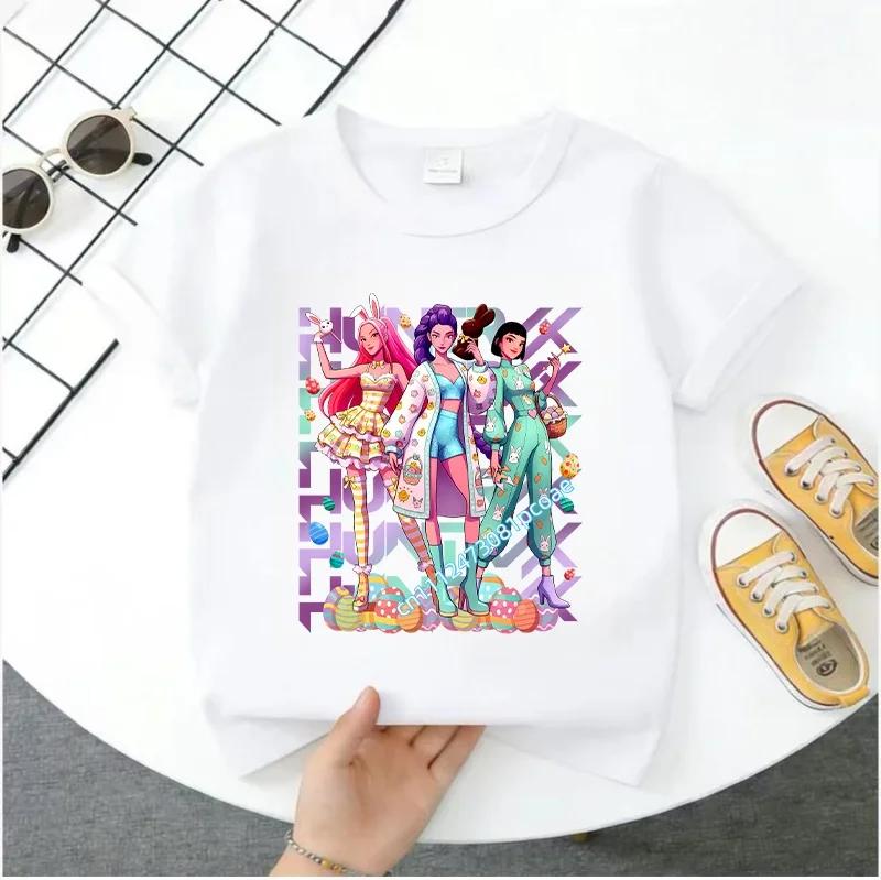 Summer Short-sleeved Cute Style Series K-pop Demon Hunters Children's Polyester T-shirt for Girls, Cute Sports Shirt for Girls