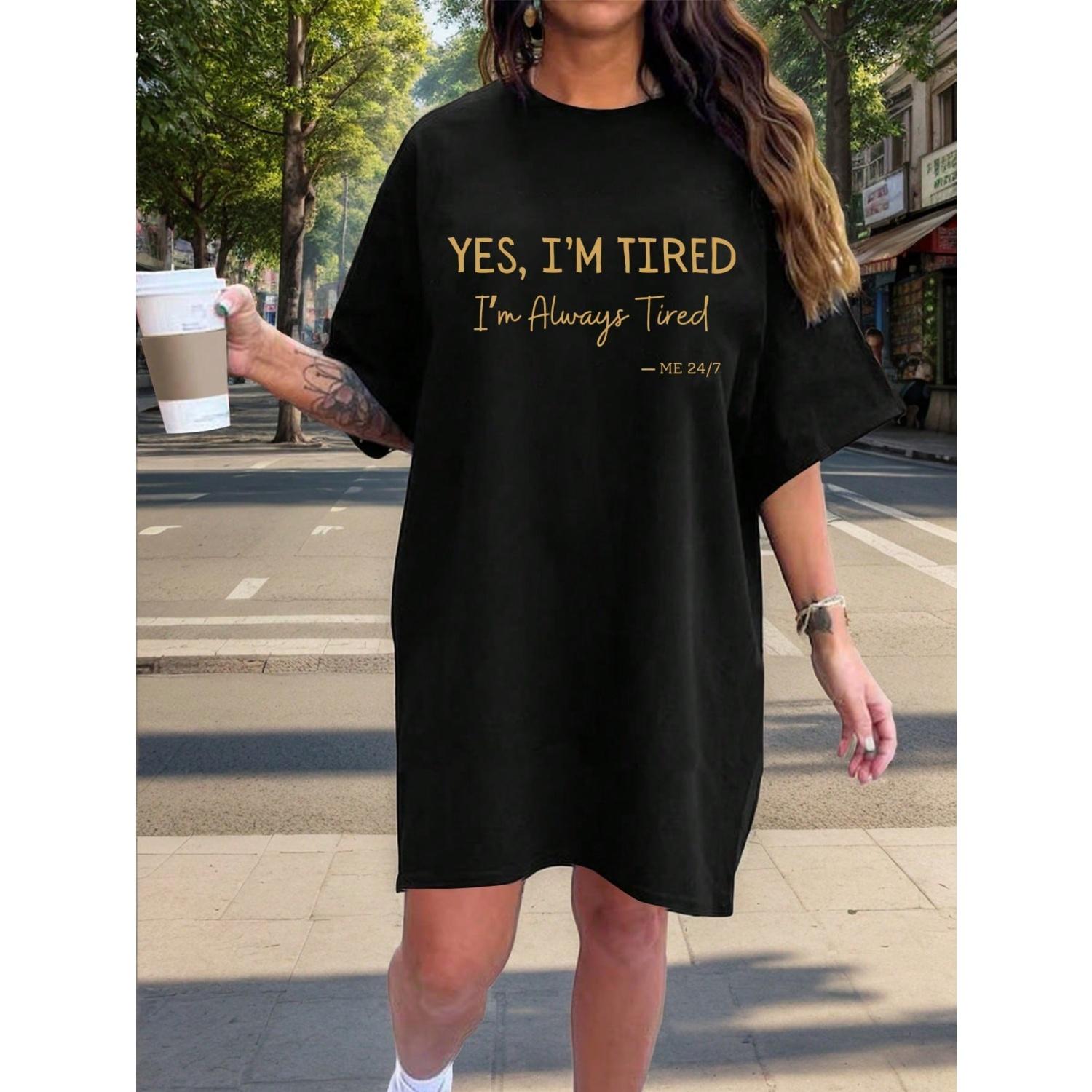 SHEIN LUNE Plus Size Women Letter Print Casual Fashion T-Shirt Dress, Black For Summer S