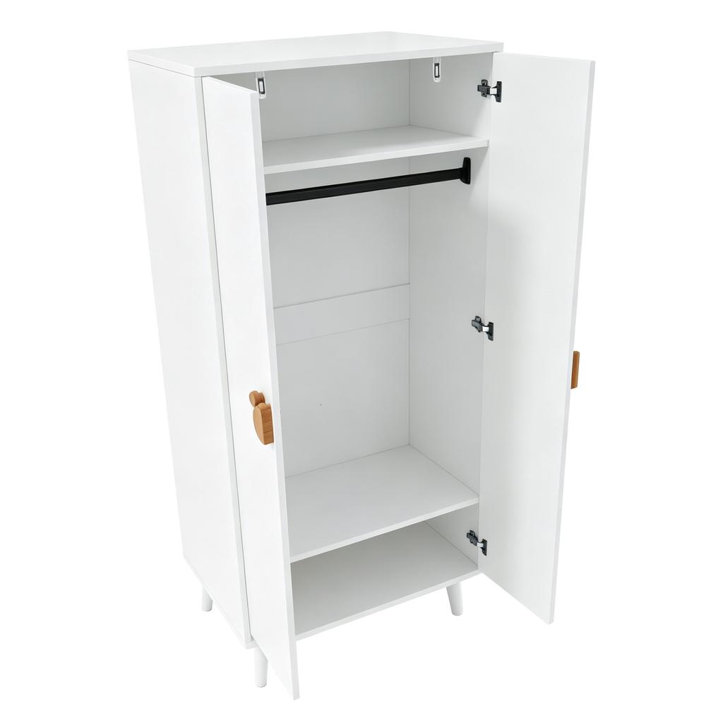 Wardrobe 70 × 55 × 170 Cm, Double Door Design with Large Storage Compartments, Cartoon-shaped Handles and Raised Feet, White
