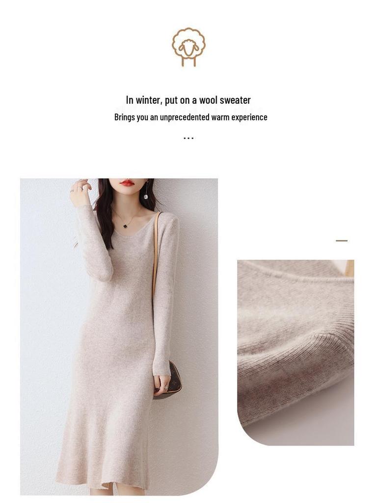 V-Neck Wool-Cashmere Sweater Dress for Women - Slim Fit, Mid-Length, Over-the-Knee, Autumn/Winter Style