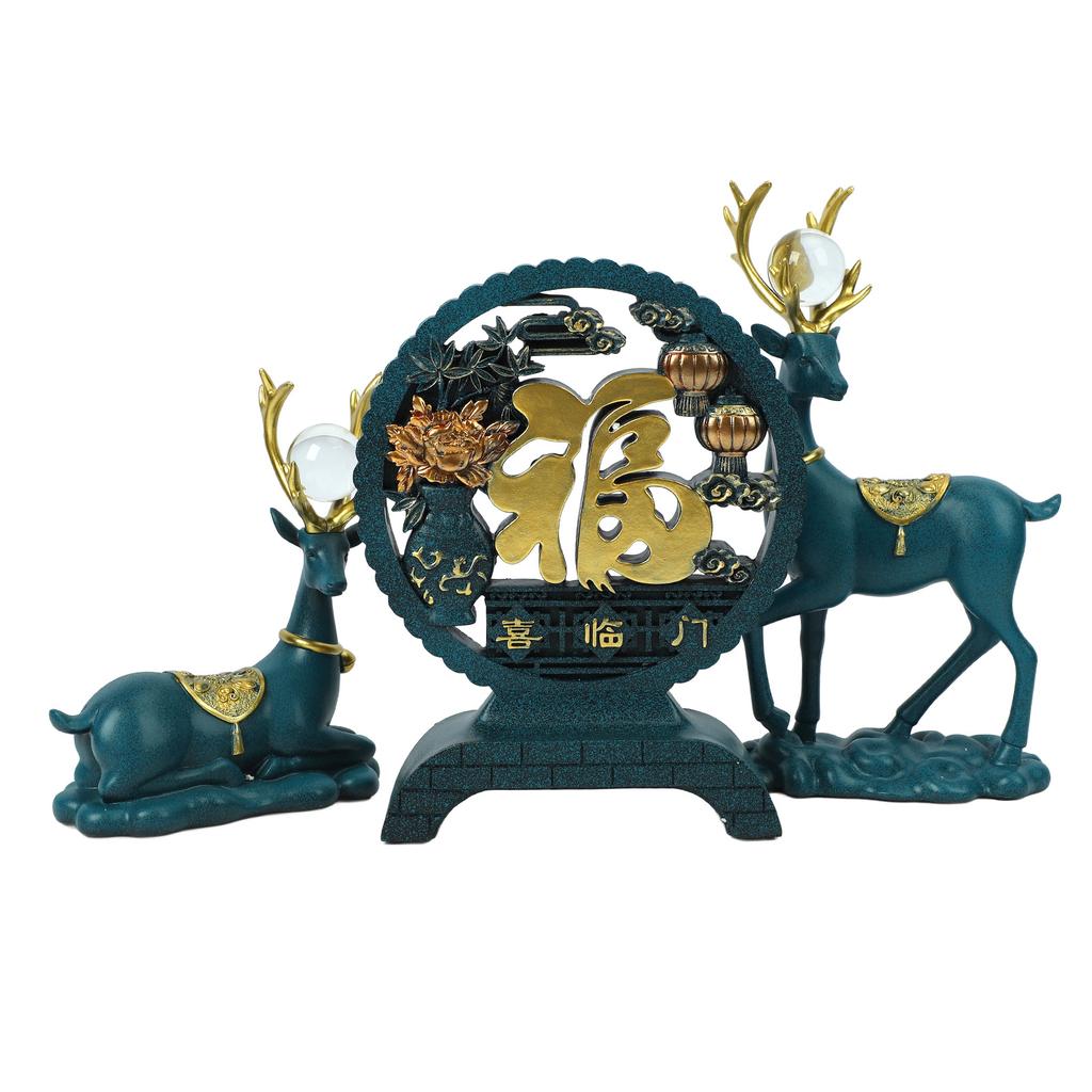 3pcs Lucky Deer Figurine Good Luck Hand Painted Exquisite Carving Resin Deer Statue for Bookshelf