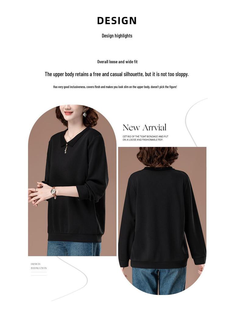 Plus Size Women's Autumn Long Sleeve Versatile Loose Turn-Down Collar T-shirt for Middle-Aged Moms