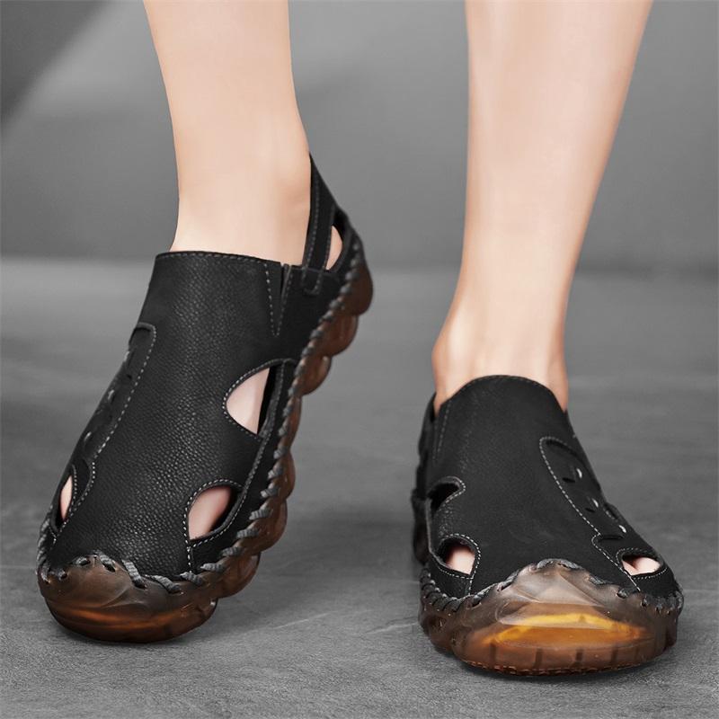 Men Outdoor Hiking Sandals Handmade Flats Black Summer Roman Sandals Retro Wide Leather Beach Shoes Over Sized