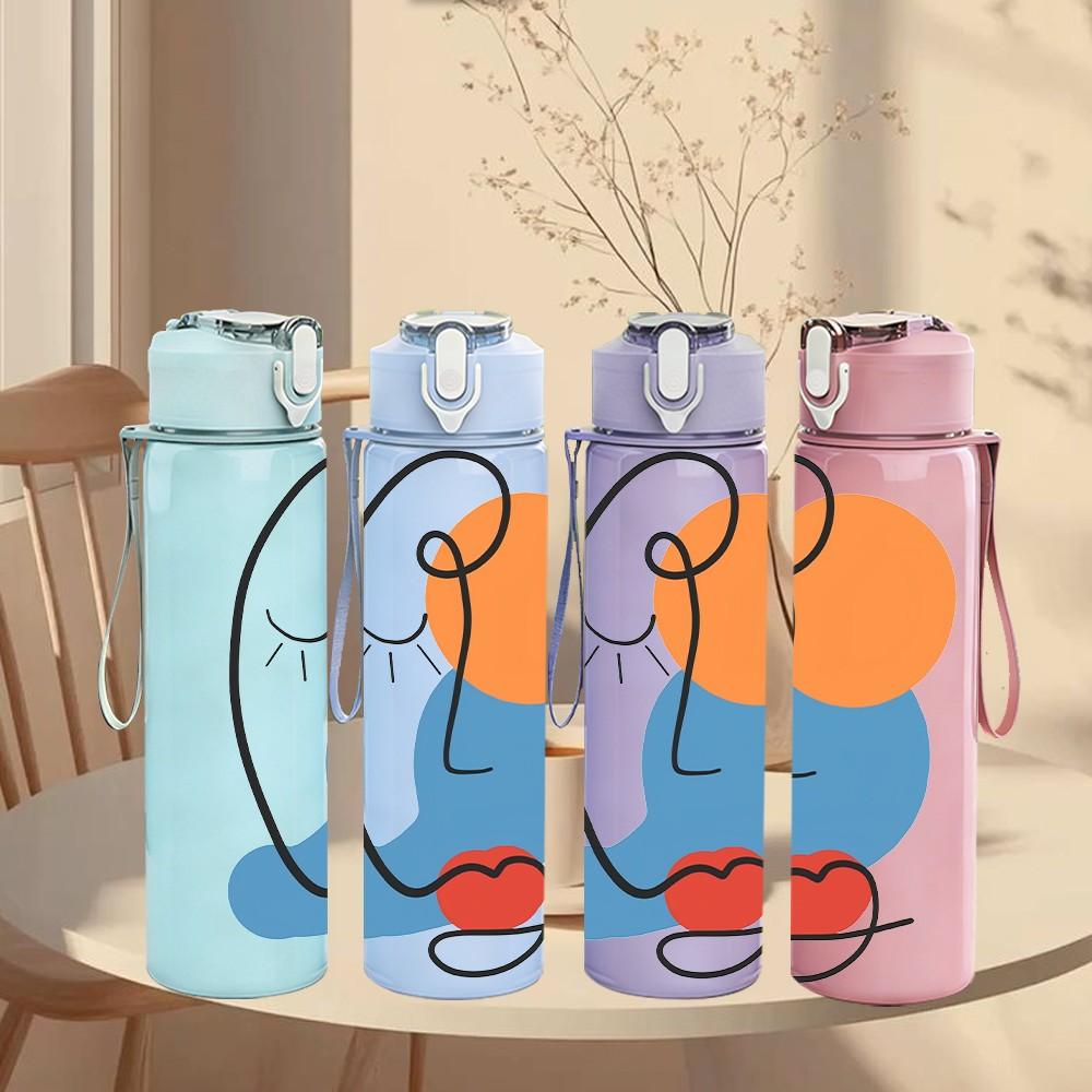 1PC Red Blue Circle Woman Print 750ml Color Plastic Sports Water Bottle Leakproof Flip Straw Lid Suitable for Sports Office Home Use