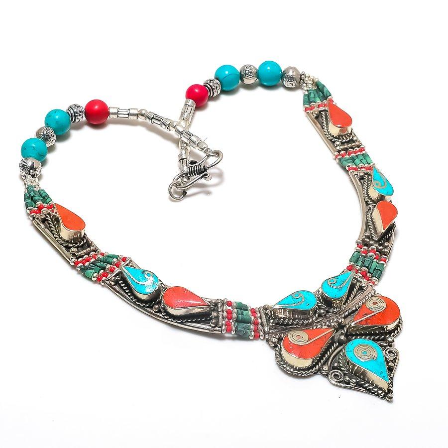 

Natural Tibetan Turquoise, Coral 925 Sterling Silver Jewelry Necklace 18 b0W23