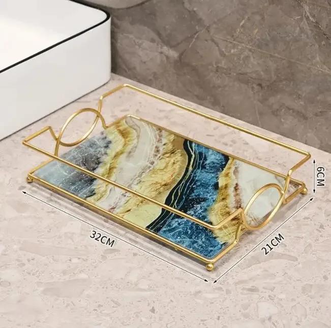 Lüks banyo rafı sondaj olmadan demir duvar rafı mermer tarzı cam tabak makyaj kutusu raf banyo aksesuarları