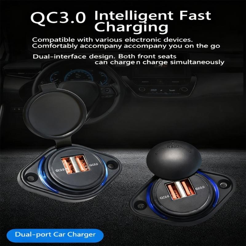 Quick Charge3.0 Car Charger with Double USB Port for Fast Charging Smartphones Tablets in 12-24V Vehicles Safety Features