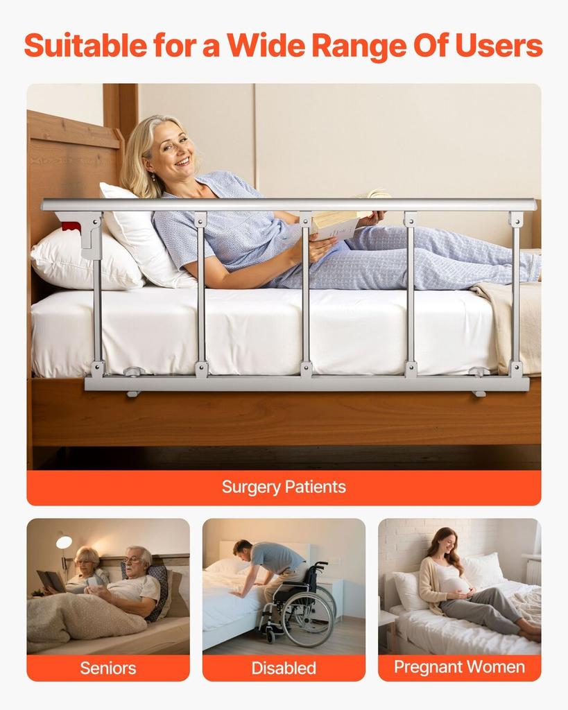 Foldable Bed Rail for Elderly, 122 cm Bedside Assist Rail with Fixing Strap, Adjustable Height Pipe Bedside Cane, High-Strength Metal Senior Bed Bar,