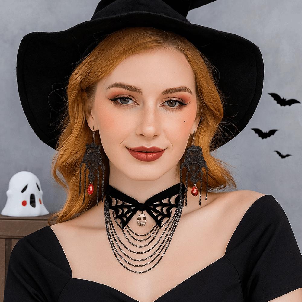 Exaggerated Halloween Necklace Punk Style Gothic Earrings Cool Lace Flower Jewelry Set  Festival