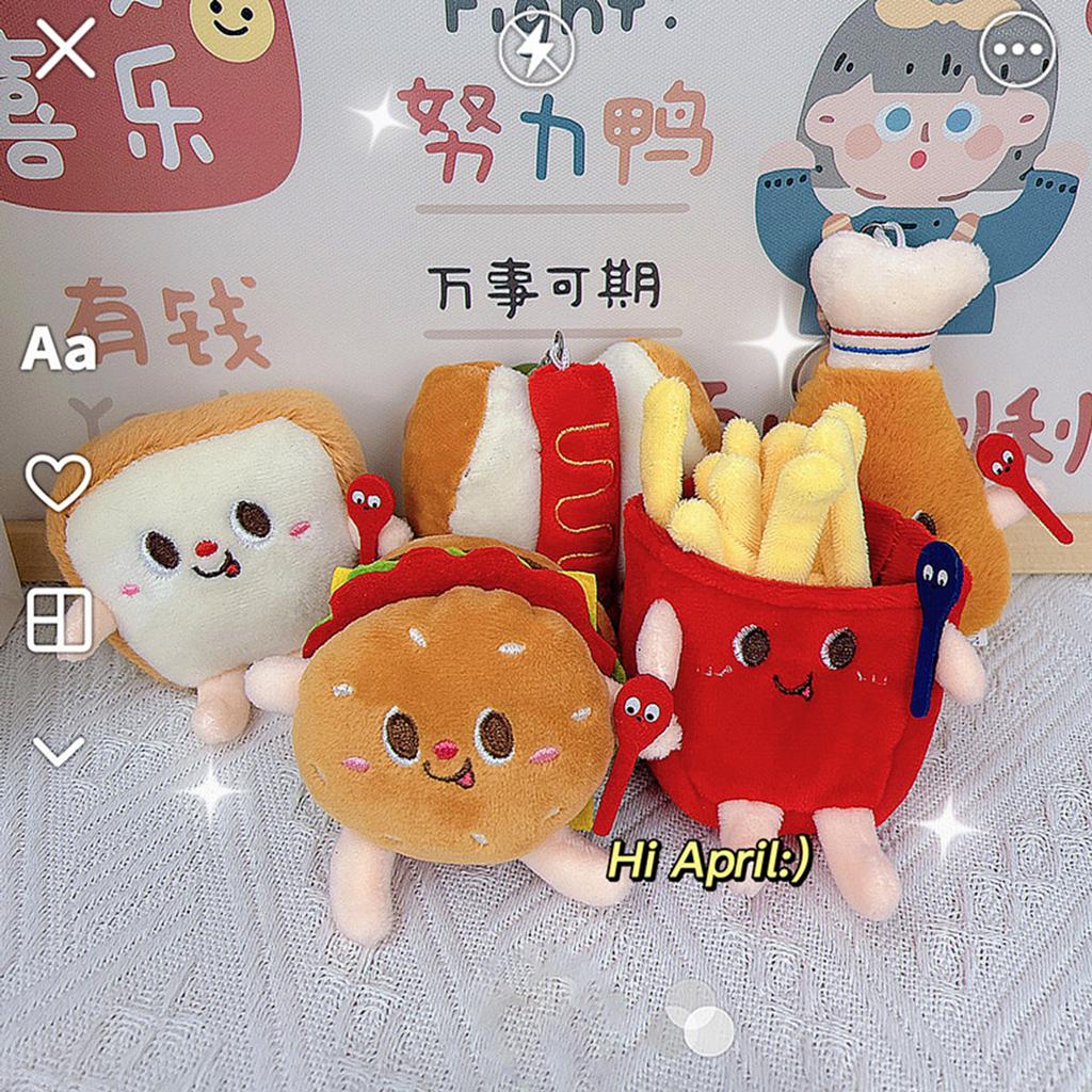Mini Burger Cute Plush Fries Keychain Bag Ornament Women Handbag Decoration School Student Backpack Lovely Furry Pendant