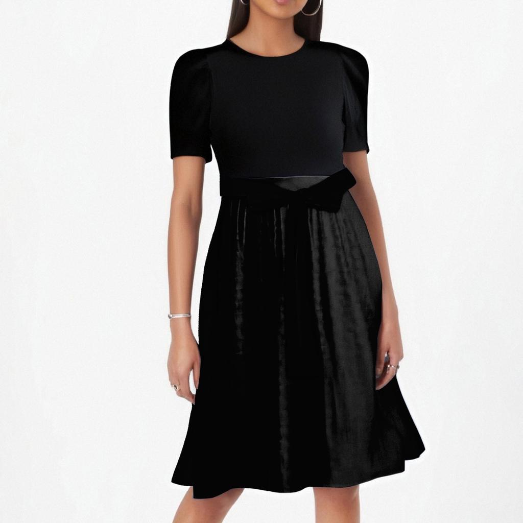 Women's Fashionable Casual Belt Short Sleeved Round Neck Color Patchwork Dress