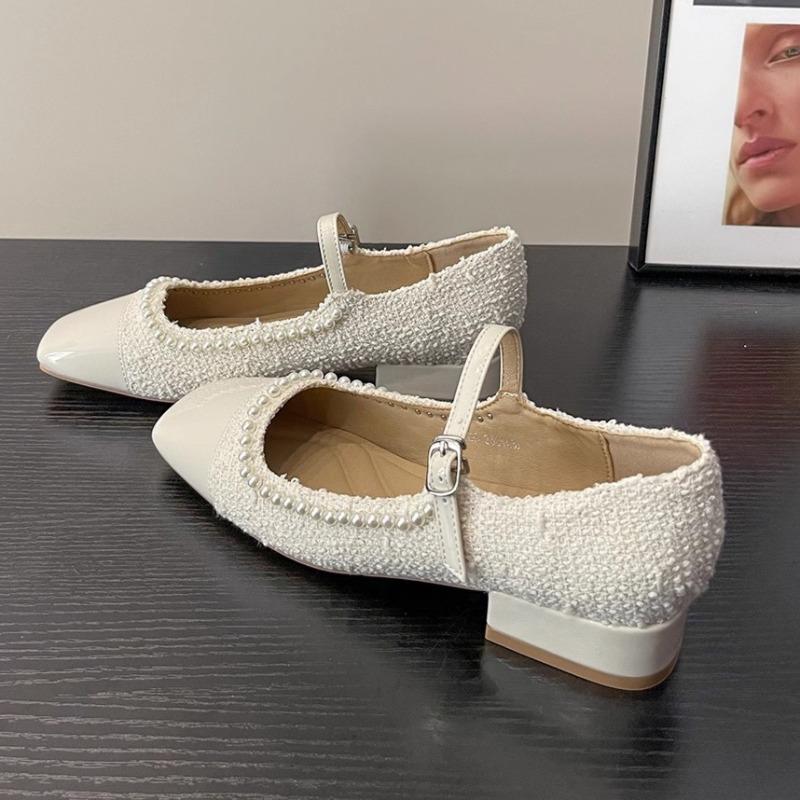 Fashion Women's Thick Heel Shoes Spring New Square Head Shallow Mouth Splicing Bead Non-slip Low-top Shoes