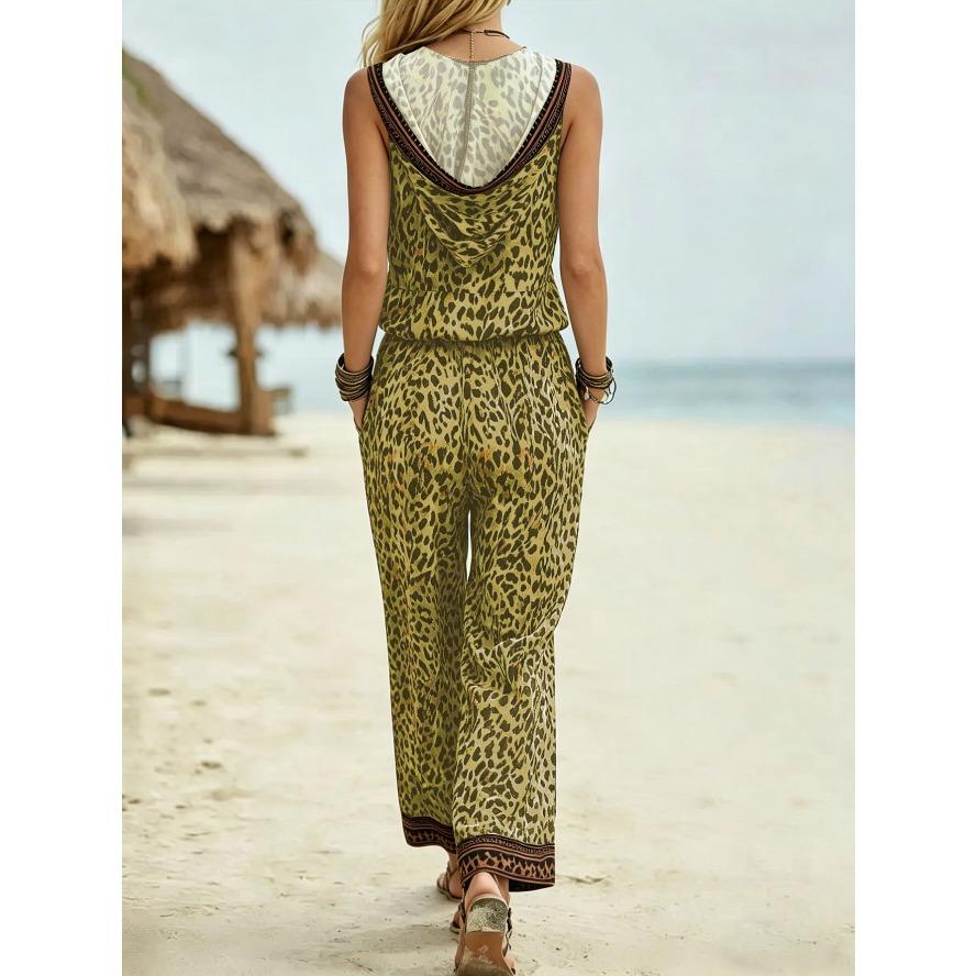 YYFS Women's Fashion Casual Summer Spring Leopard Print Sleeveless V-Neck Trousers Pants Suits