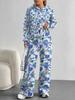 European, American Autumn and Winter Blue Flower Casual Long-sleeved Suit Women's Hooded Sweater Trousers Two-piece Set
