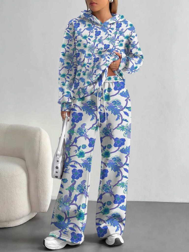 European, American Autumn and Winter Blue Flower Casual Long-sleeved Suit Women's Hooded Sweater Trousers Two-piece Set