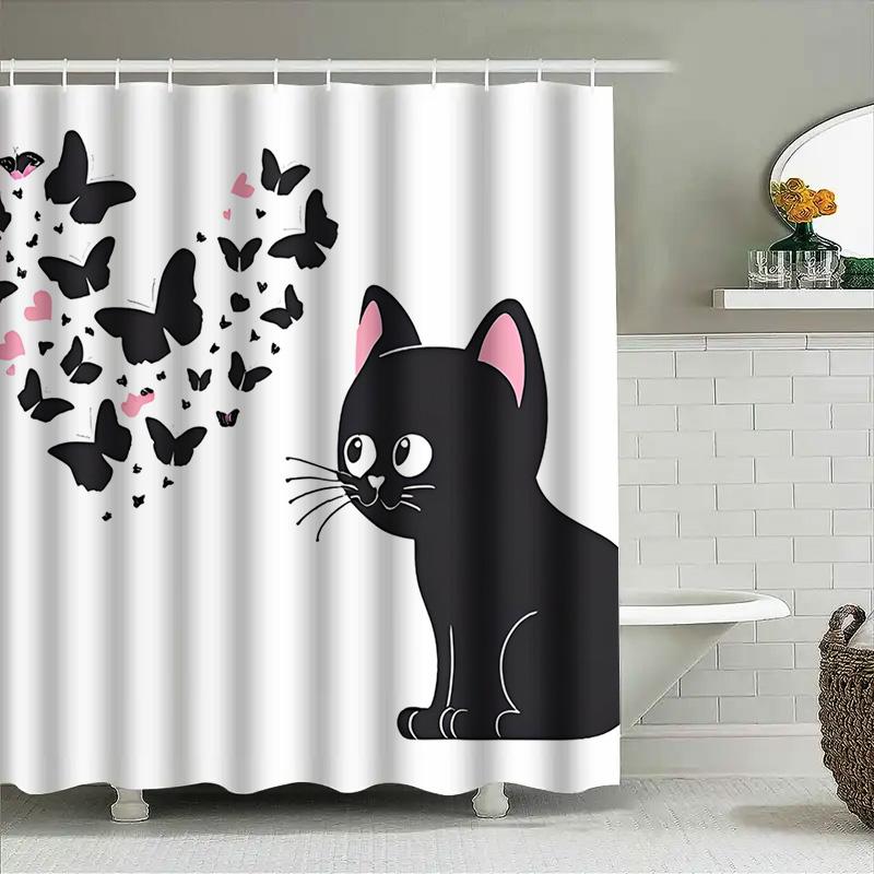 Black Cat Butterfly Shower Curtain Cute Decorative Fabric Waterproof Bath Mat Cover For Bathroom Decoration Home Accessories