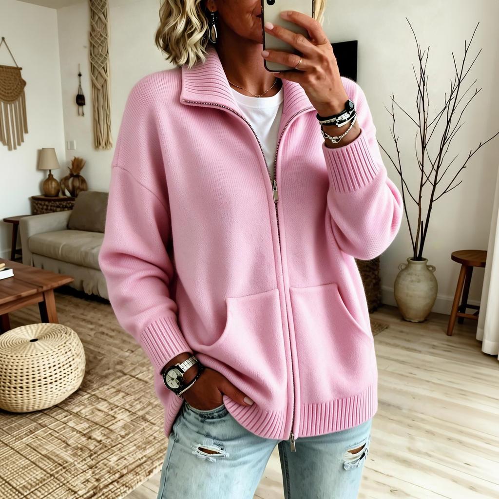Women's Knit Cardigan with Lapel Collar and Front Zipper, Casual Outerwear for Everyday Wear