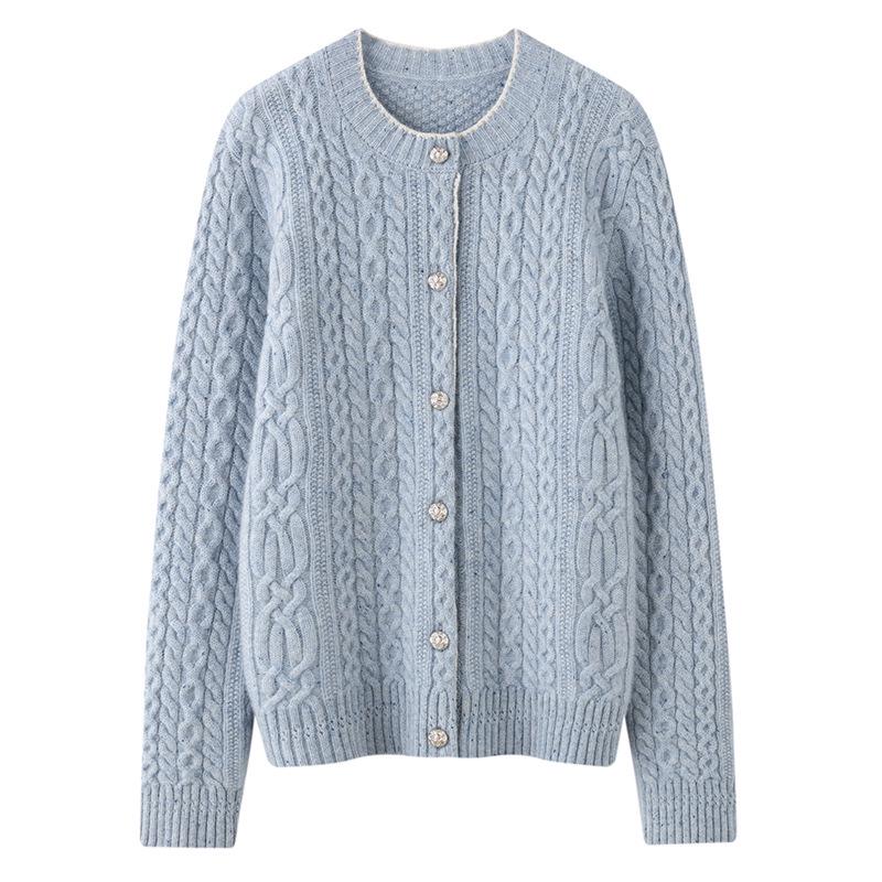Women's Autumn/Winter Cashmere Knit Cardigan - Versatile Round Neck Elegant Cable Sweater Coat