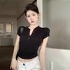 American Button-down Semi-open Neck T-shirt Women's Spring Retro Threaded Short-sleeved Top Slim-fitting Pleated Sexy Short Bottoming Shirt